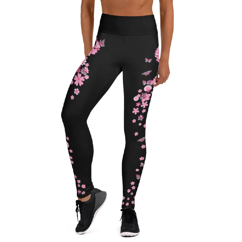 Pink Ribbon Butterflies Take Flight Yoga Leggings