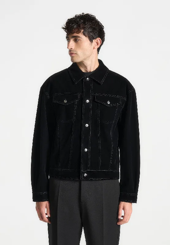 Velvet Contrast Stitch Trucker Jacket - Black