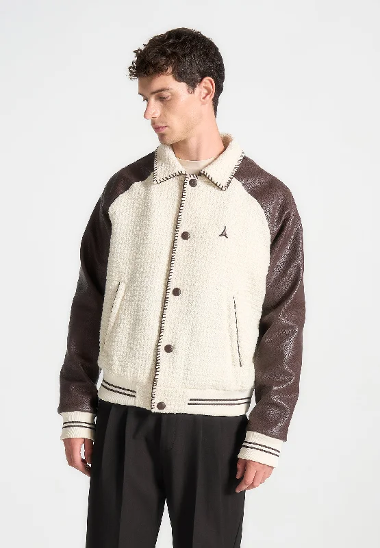 Tweed & Leather Varsity Jacket - Cream/Brown