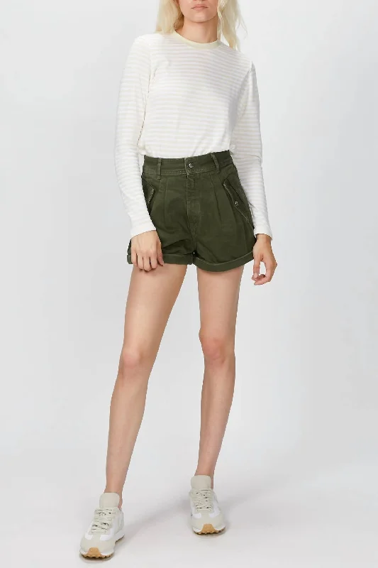 Stretch Linen Khaki Shorts In Army Green