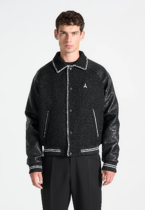 Tweed & Leather Varsity Jacket - Black