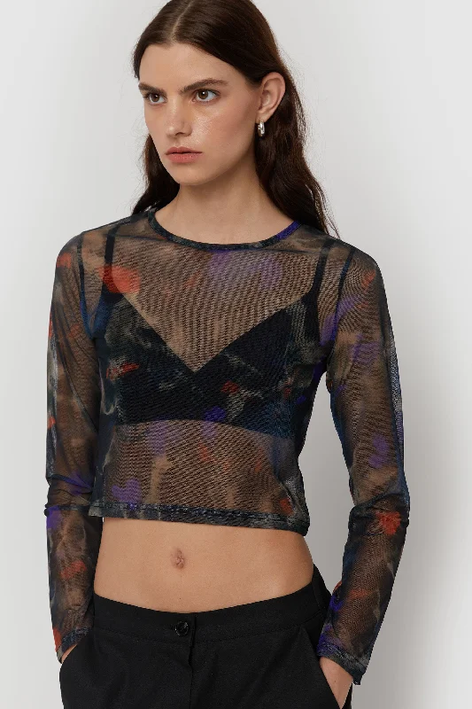 SHEER PRINTED LONG SLEEVE TOP