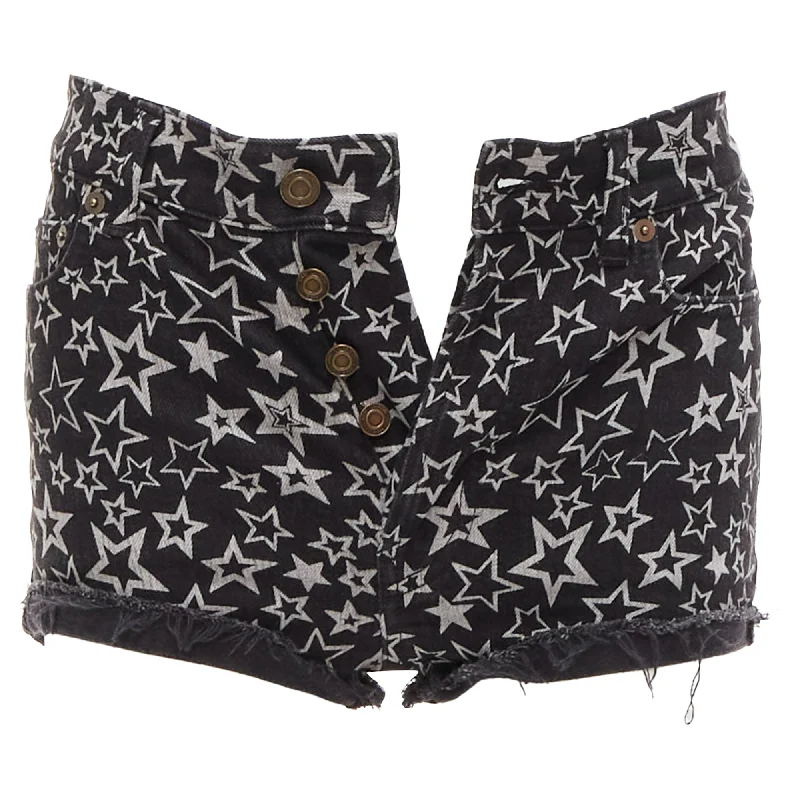 Saint Laurent Star Print Cotton Denim Mini Hot Shorts