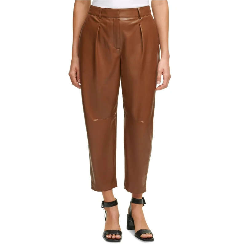 Calvin Klein Womens Faux-Leather Casual Cropped Pants, Brown, 10