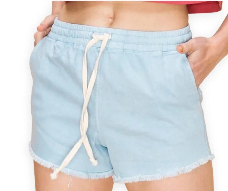 Denim Drawstring Shorts In Baby Blue