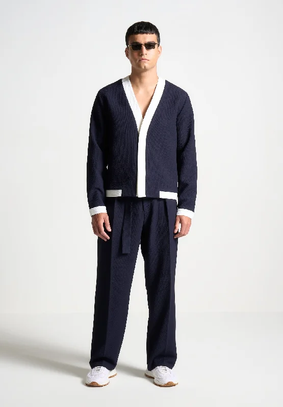 Textured Contrast Cardigan - Navy/White