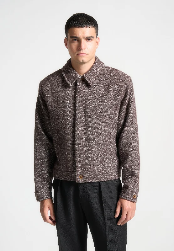 Boxy Herringbone Wool Blend Jacket - Brown