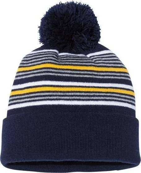 Sportsman SP60 12" Striped Pom-Pom Knit Beanie - Navy White Grey Gold