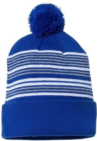 Sportsman SP60 12" Striped Pom-Pom Knit Beanie - Royal White Grey