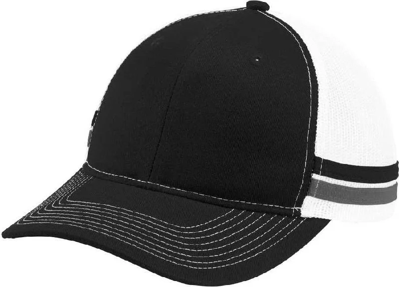 Port Authority C113 Two-Stripe Snapback Trucker Cap - Black Gray Steel White